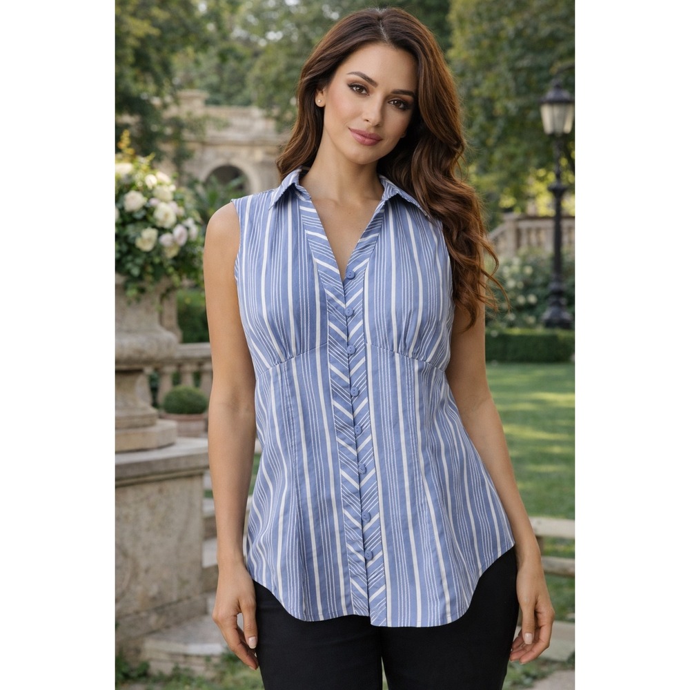 G.H. Bass & Co Womens XS Blue‎ White Striped Sleeveless Button Down Stretch Top